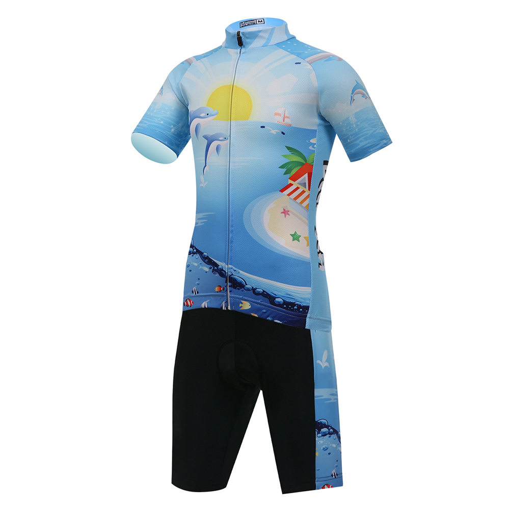 FREE FISHER Cycling Jersey Short Sleeve Boys Girls Full Zipper Quick-Dry Breathable Mesh Kids Bicycle Tops+Padded Shorts Sun Dolphin