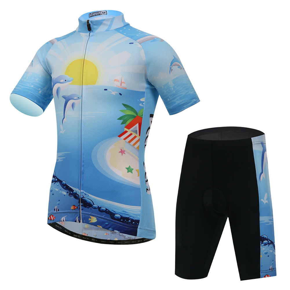 FREE FISHER Cycling Jersey Short Sleeve Boys Girls Full Zipper Quick-Dry Breathable Mesh Kids Bicycle Tops+Padded Shorts Sun Dolphin