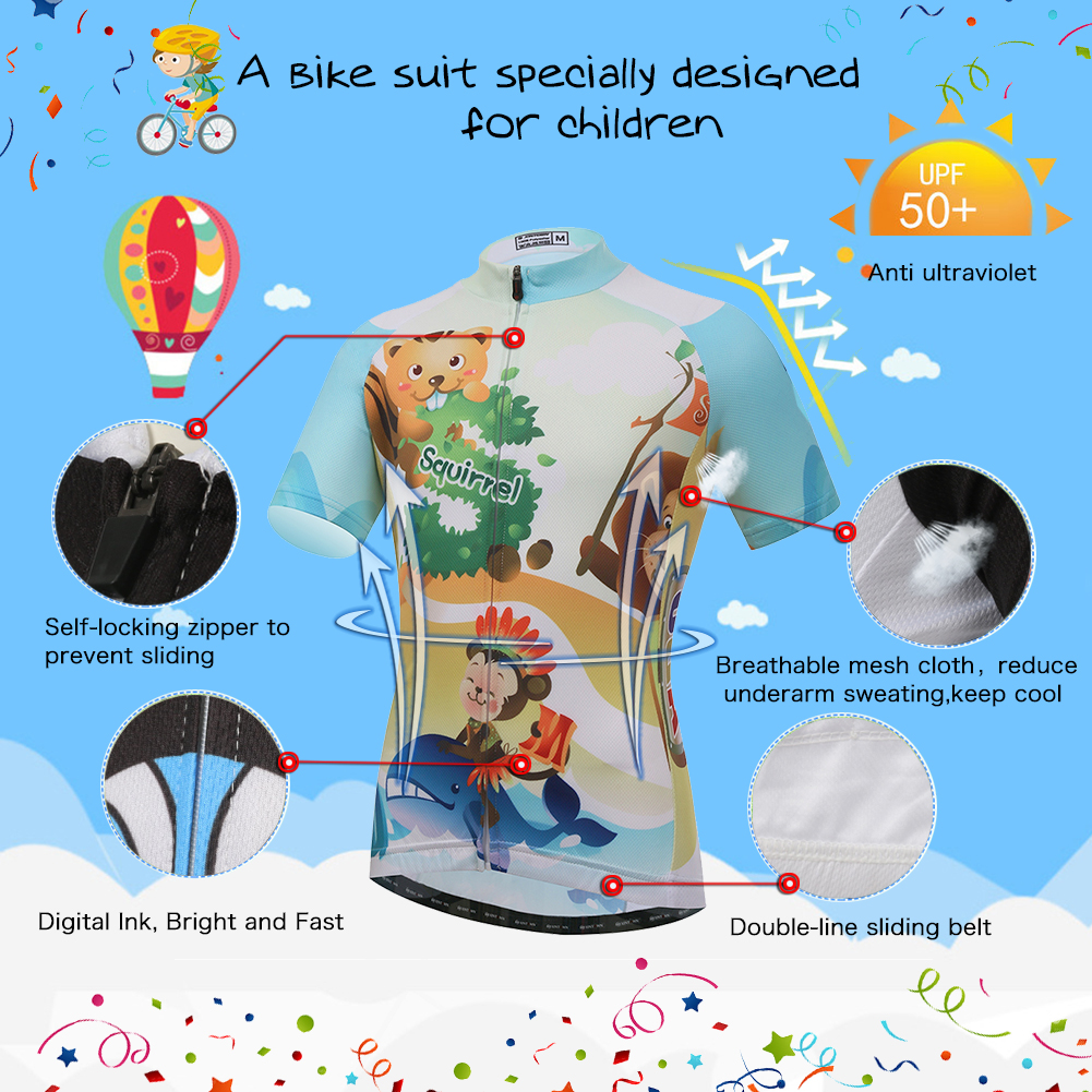 FREE FISHER Cycling Jersey Short Sleeve Boys Girls Full Zipper Quick-Dry Breathable Mesh Kids Riding Bike Tops+Padded Shorts Forest Animals