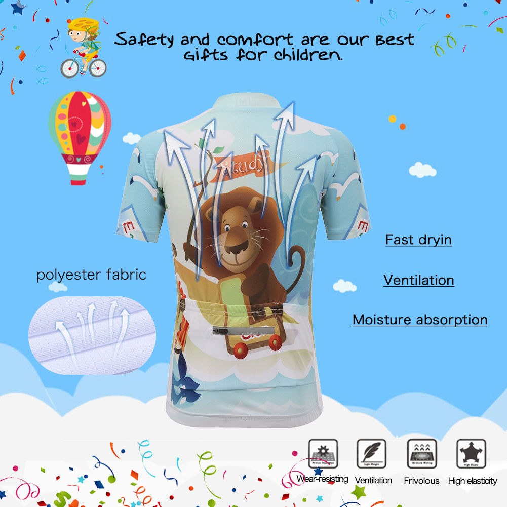 FREE FISHER Cycling Jersey Short Sleeve Boys Girls Full Zipper Quick-Dry Breathable Mesh Kids Riding Bike Tops+Padded Shorts Forest Animals
