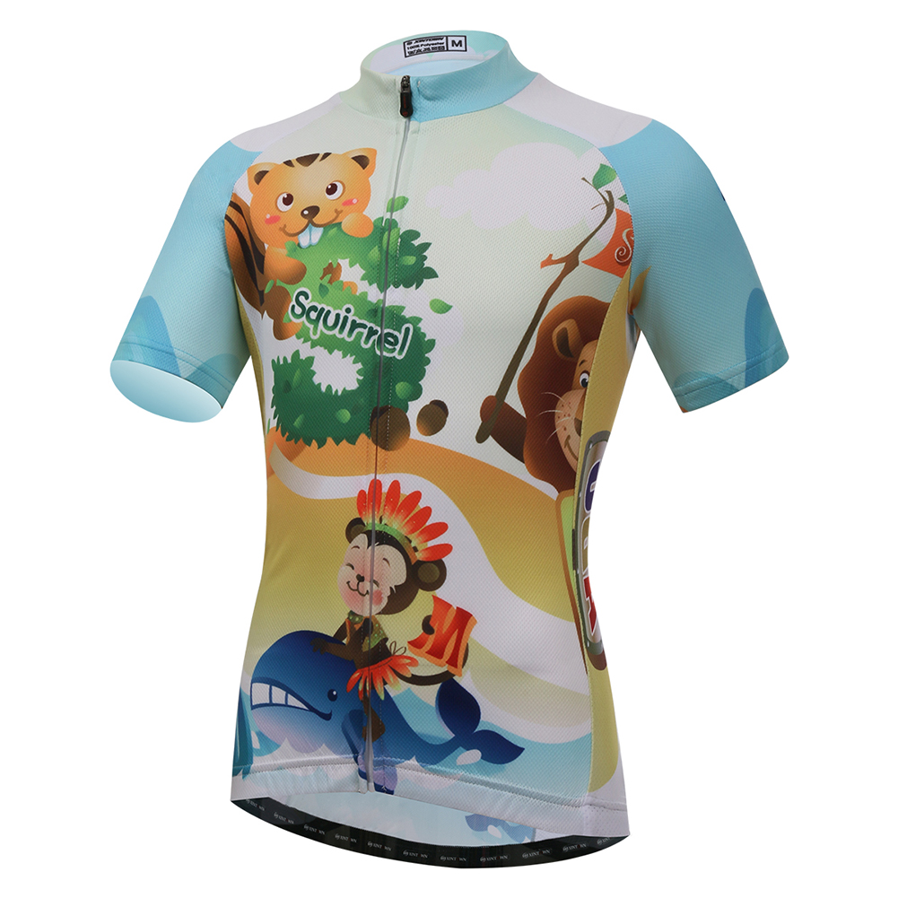 FREE FISHER Cycling Jersey Short Sleeve Boys Girls Full Zipper Quick-Dry Breathable Mesh Kids Riding Bike Tops+Padded Shorts Forest Animals