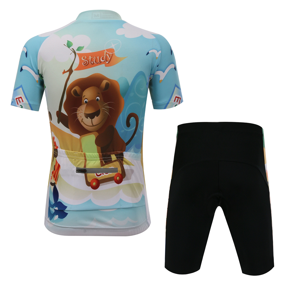 FREE FISHER Cycling Jersey Short Sleeve Boys Girls Full Zipper Quick-Dry Breathable Mesh Kids Riding Bike Tops+Padded Shorts Forest Animals