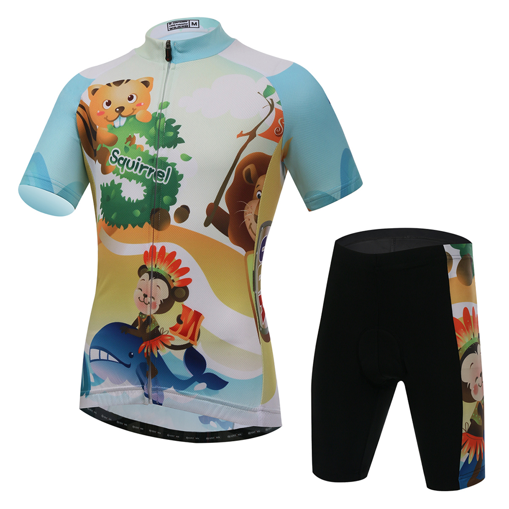 FREE FISHER Cycling Jersey Short Sleeve Boys Girls Full Zipper Quick-Dry Breathable Mesh Kids Riding Bike Tops+Padded Shorts Forest Animals
