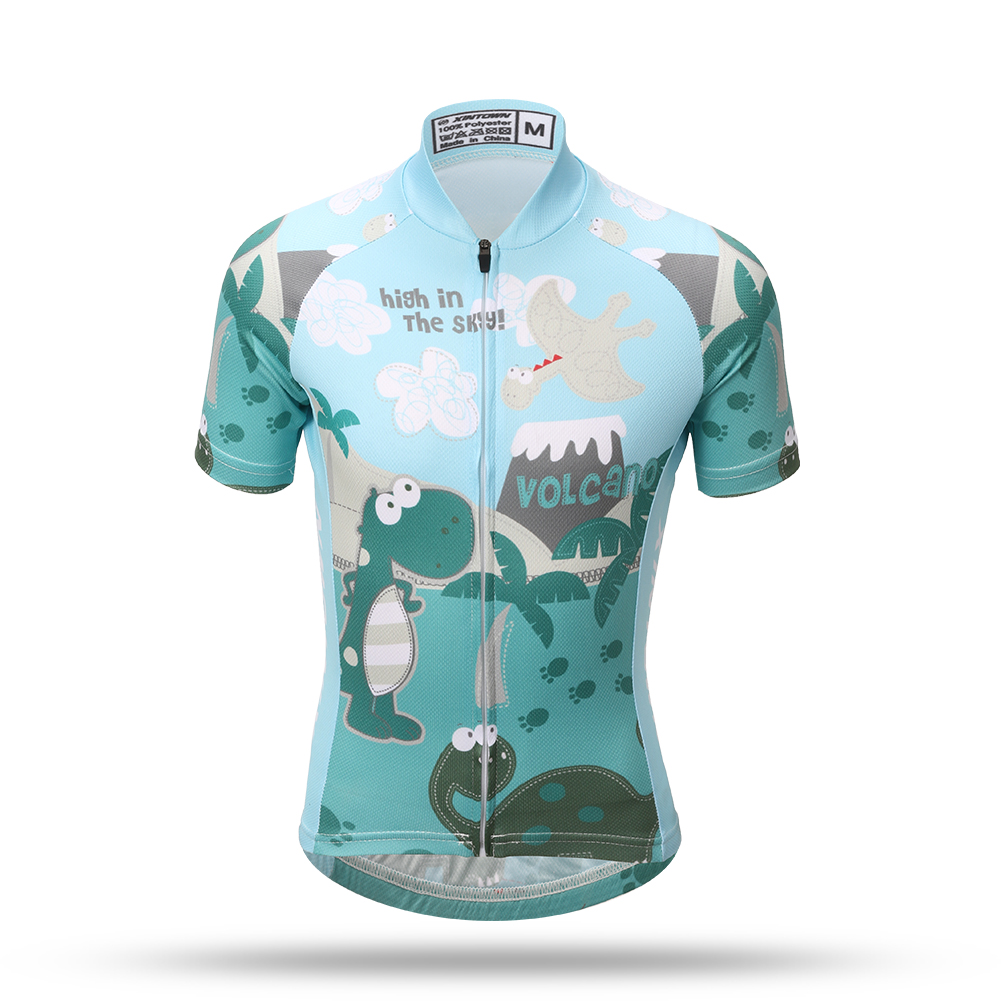 FREE FISHER Boys Quick-Dry Breathable Cycling Jersey Short Sleeve Kids Mesh MTB Riding Bike Tops+Padded Shorts Green Dinosaur