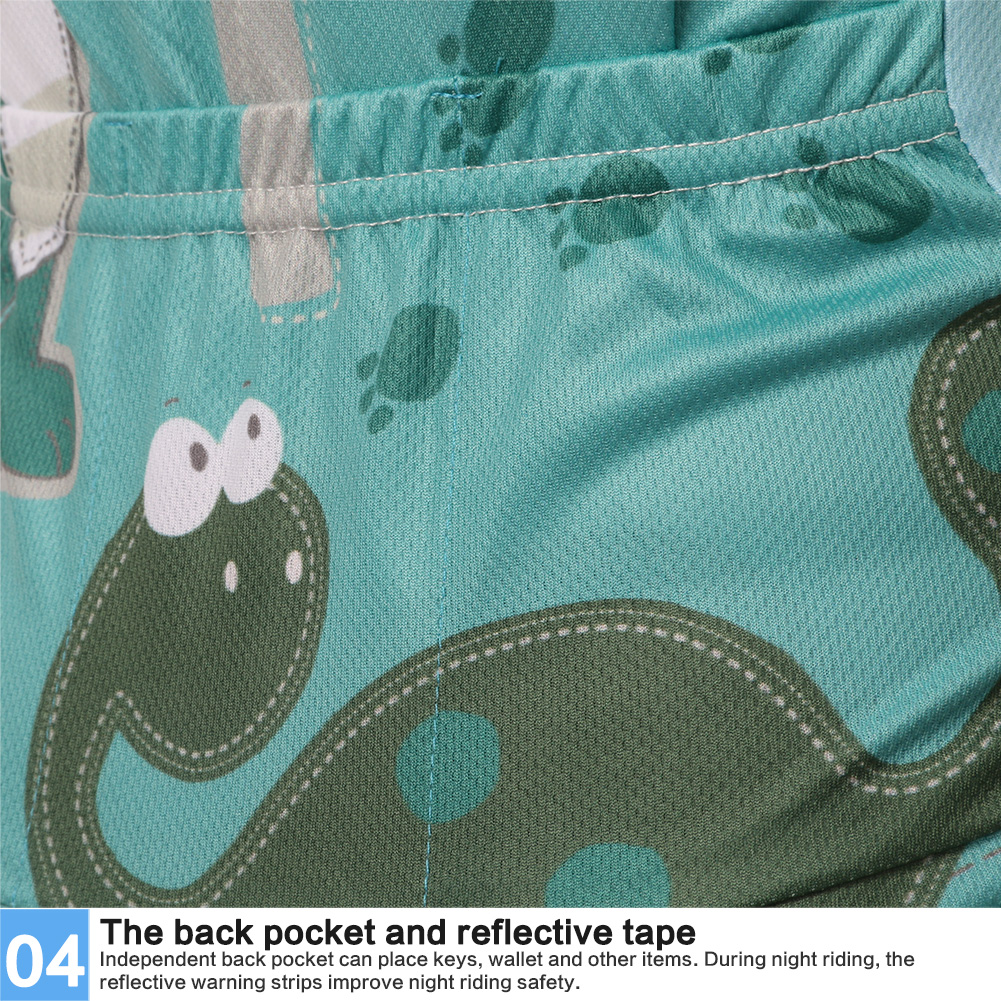 FREE FISHER Boys Quick-Dry Breathable Cycling Jersey Short Sleeve Kids Mesh MTB Riding Bike Tops+Padded Shorts Green Dinosaur