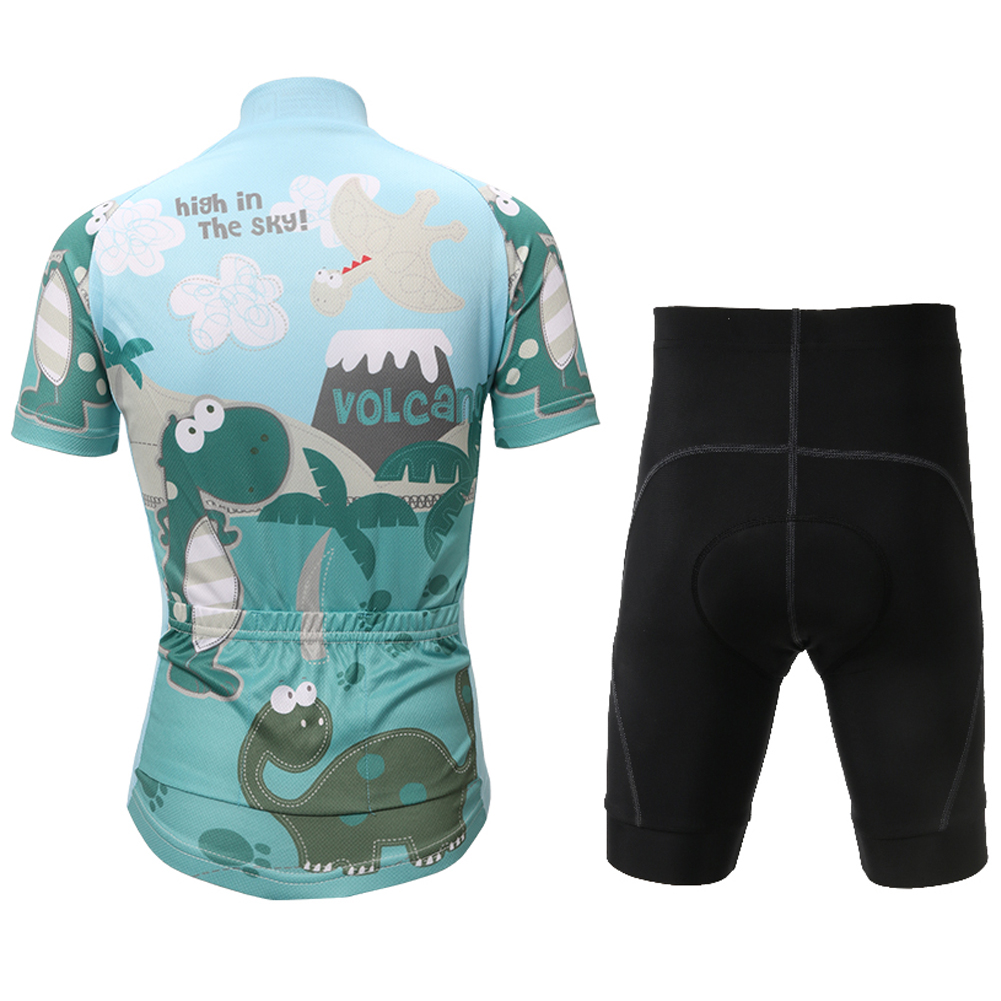 FREE FISHER Boys Quick-Dry Breathable Cycling Jersey Short Sleeve Kids Mesh MTB Riding Bike Tops+Padded Shorts Green Dinosaur
