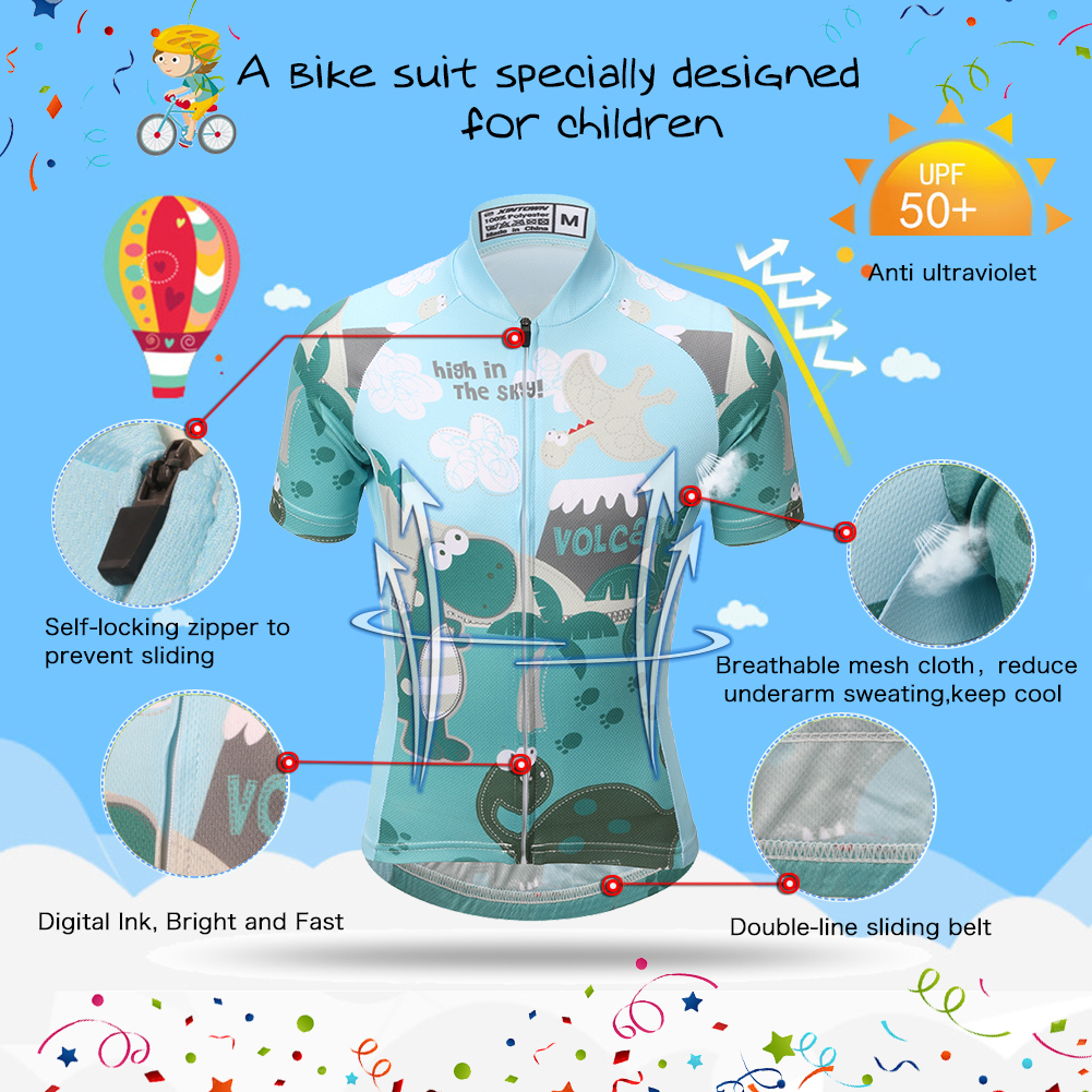 FREE FISHER Boys Quick-Dry Breathable Cycling Jersey Short Sleeve Kids Mesh MTB Riding Bike Tops+Padded Shorts Green Dinosaur