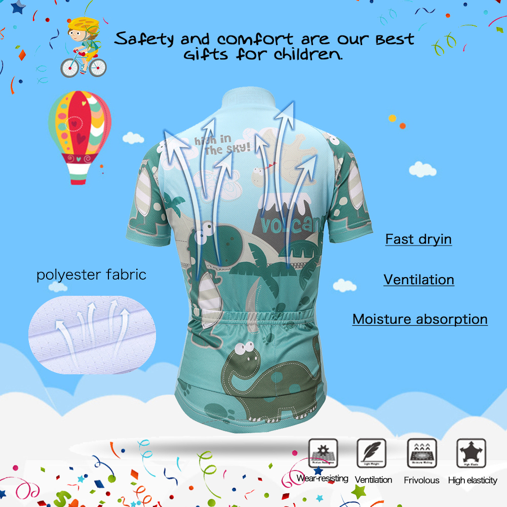 FREE FISHER Boys Quick-Dry Breathable Cycling Jersey Short Sleeve Kids Mesh MTB Riding Bike Tops+Padded Shorts Green Dinosaur