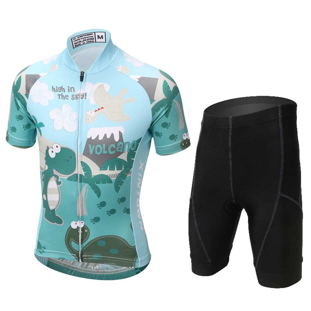 FREE FISHER Boys Quick-Dry Breathable Cycling Jersey Short Sleeve Kids Mesh MTB Riding Bike Tops+Padded Shorts Green Dinosaur