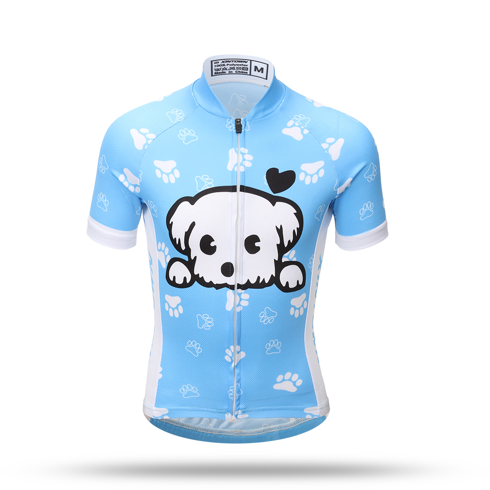 FREE FISHER Blue Dog Printed Kids Cycling Jersey Quick-Dry Breathable Short Sleeve Boys MTB Riding Bike Tops+Padded Shorts