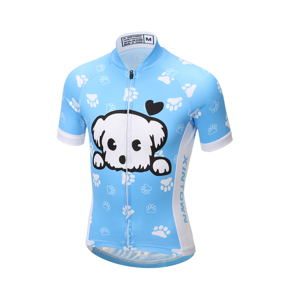 FREE FISHER Blue Dog Printed Kids Cycling Jersey Quick-Dry Breathable Short Sleeve Boys MTB Riding Bike Tops+Padded Shorts
