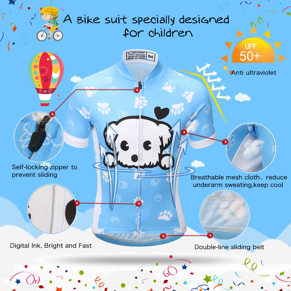 FREE FISHER Blue Dog Printed Kids Cycling Jersey Quick-Dry Breathable Short Sleeve Boys MTB Riding Bike Tops+Padded Shorts