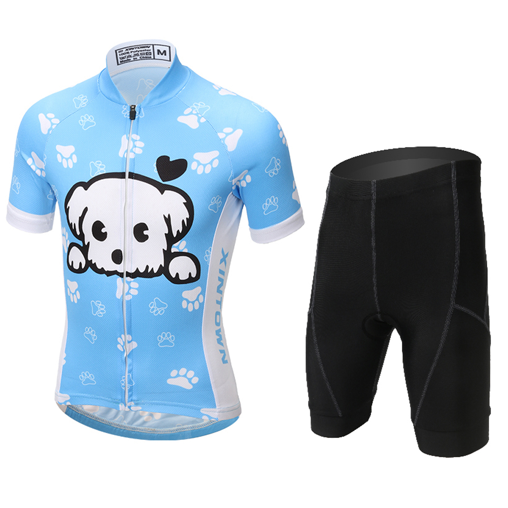 FREE FISHER Blue Dog Printed Kids Cycling Jersey Quick-Dry Breathable Short Sleeve Boys MTB Riding Bike Tops+Padded Shorts