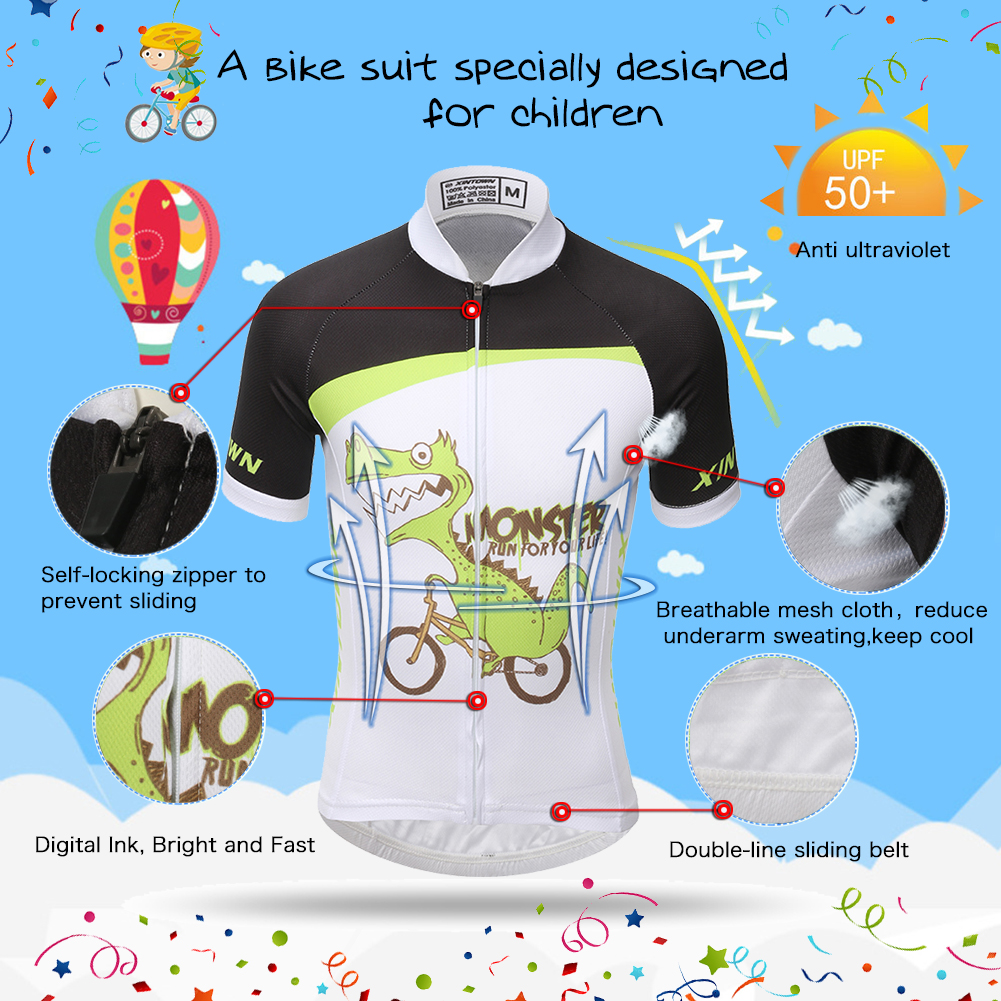 FREE FISHER Cartoon Printed Kids Cycling Jersey Quick-Dry Breathable Short Sleeve Boys MTB Riding Bike Tops+Padded Shorts