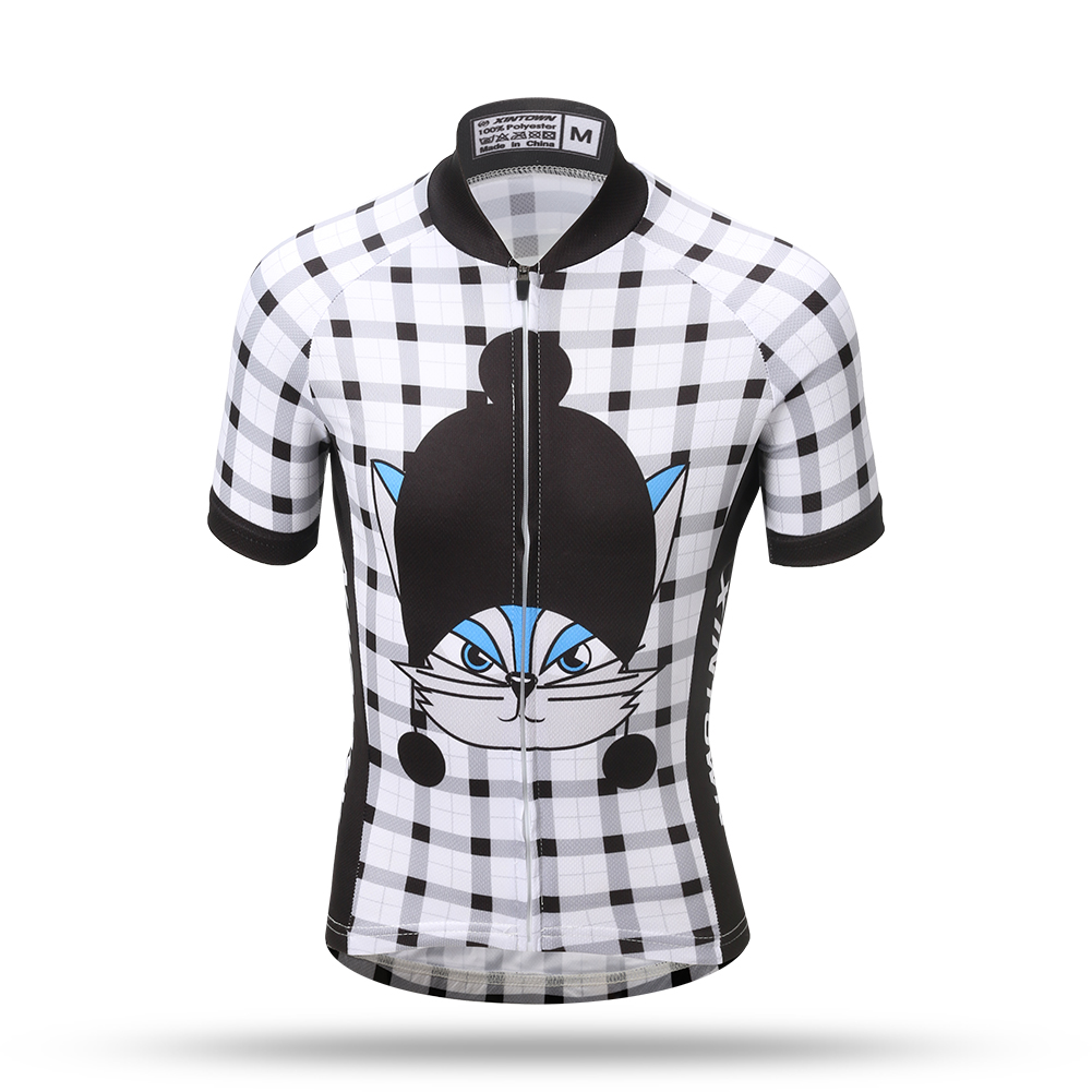 FREE FISHER Latticed Boys Cycling Jersey Set Quick-Dry Breathable Short Sleeve Cat Printed MTB Riding Bicycle Tops+Padded Shorts