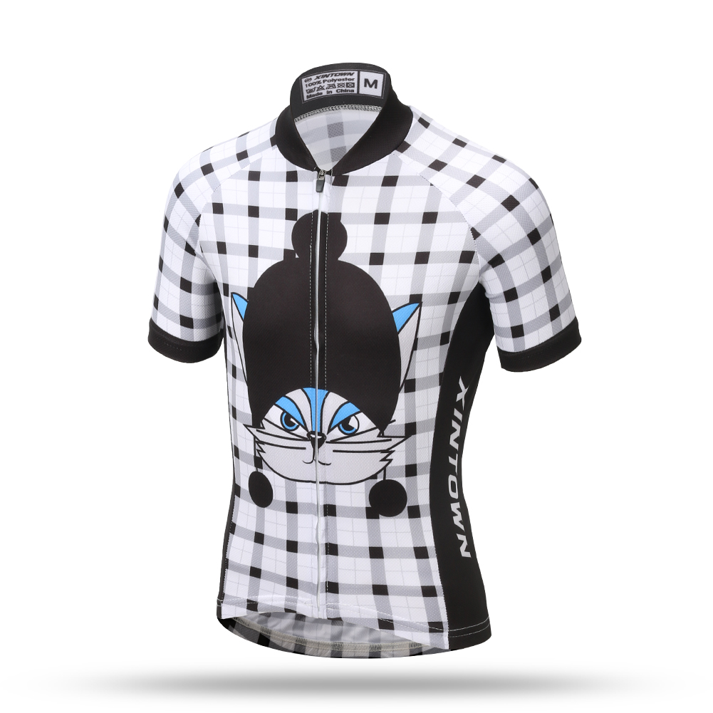 FREE FISHER Latticed Boys Cycling Jersey Set Quick-Dry Breathable Short Sleeve Cat Printed MTB Riding Bicycle Tops+Padded Shorts