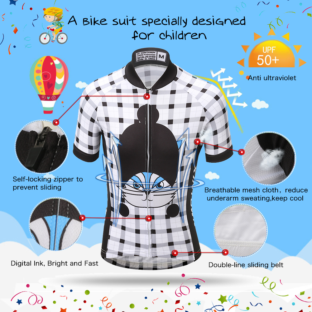 FREE FISHER Latticed Boys Cycling Jersey Set Quick-Dry Breathable Short Sleeve Cat Printed MTB Riding Bicycle Tops+Padded Shorts