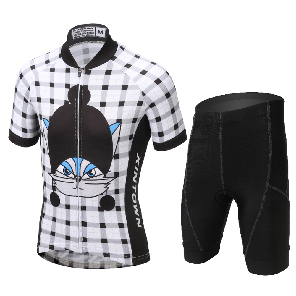 FREE FISHER Latticed Boys Cycling Jersey Set Quick-Dry Breathable Short Sleeve Cat Printed MTB Riding Bicycle Tops+Padded Shorts