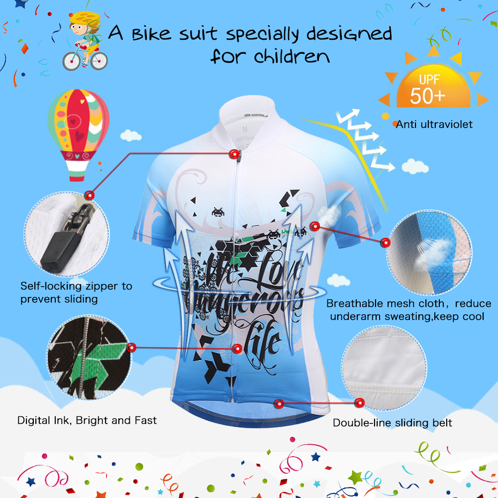 FREE FISHER Boys Cycling Jersey + Padded Shorts Quick-Dry Breathable Short Sleeve MTB Riding Digital Blue Bicycle Tops