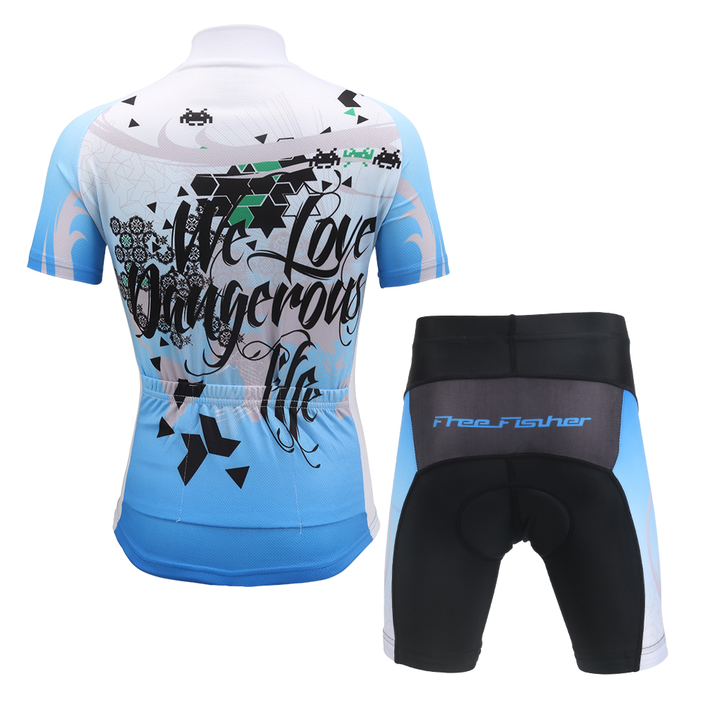 FREE FISHER Boys Cycling Jersey + Padded Shorts Quick-Dry Breathable Short Sleeve MTB Riding Digital Blue Bicycle Tops