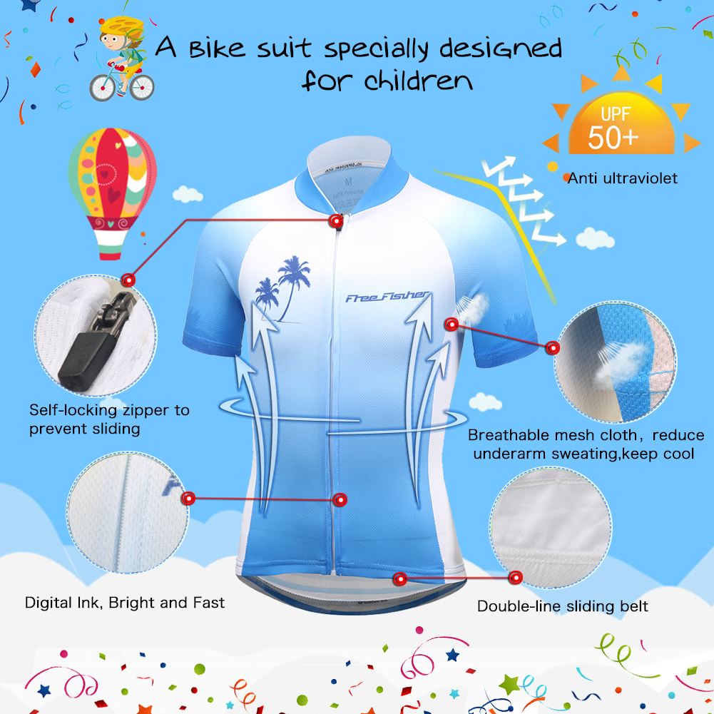 FREE FISHER Coconut Tree Printed Cycling Jersey with Padded Shorts Breathable Quick-Dry Boys Short Sleeve MTB Riding Kids Bicycle Wear