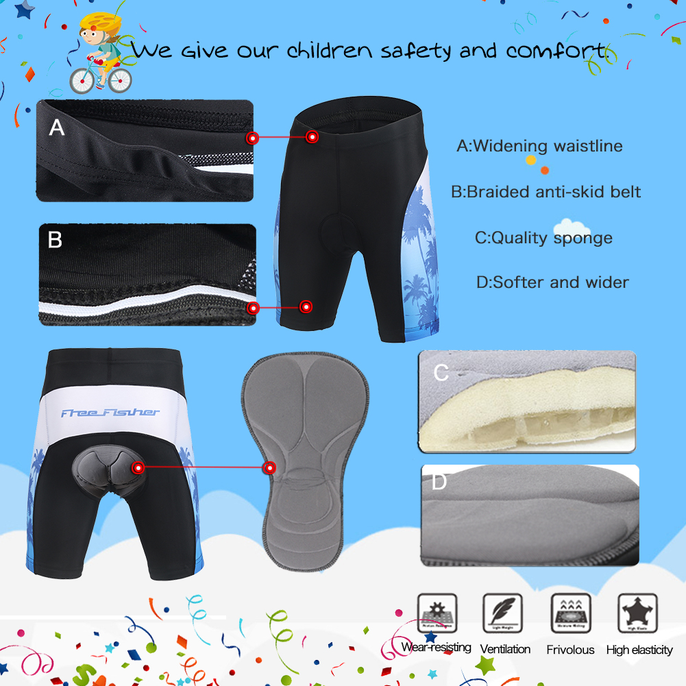 FREE FISHER Coconut Tree Printed Cycling Jersey with Padded Shorts Breathable Quick-Dry Boys Short Sleeve MTB Riding Kids Bicycle Wear