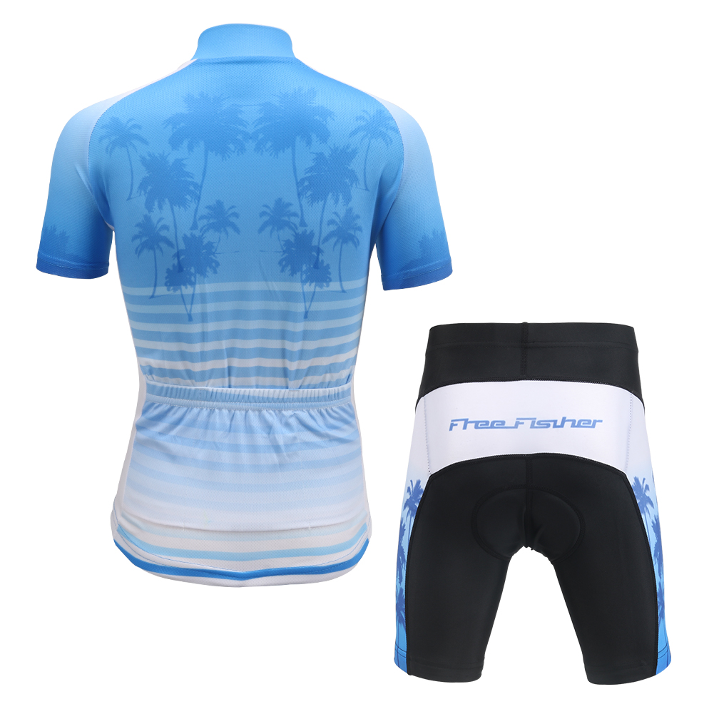 FREE FISHER Coconut Tree Printed Cycling Jersey with Padded Shorts Breathable Quick-Dry Boys Short Sleeve MTB Riding Kids Bicycle Wear