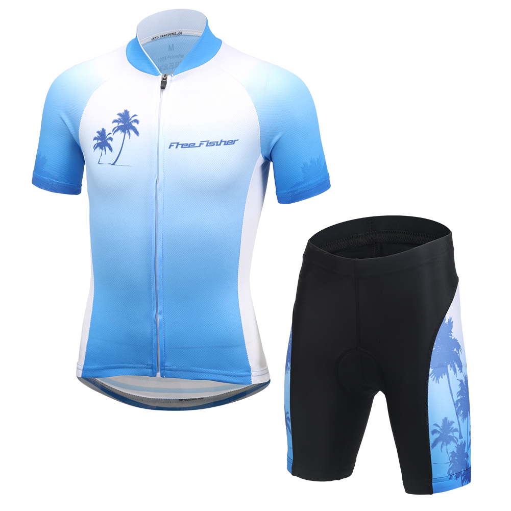 FREE FISHER Coconut Tree Printed Cycling Jersey with Padded Shorts Breathable Quick-Dry Boys Short Sleeve MTB Riding Kids Bicycle Wear