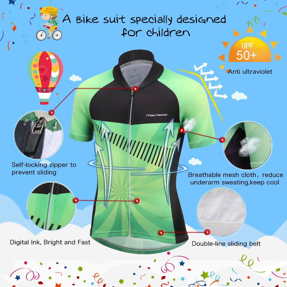 FREE FISHER MTB Riding Kids Bicycle Wear with Padded Shorts Breathable Quick-Dry Boys Short Sleeve Children's Cycling Jersey Set