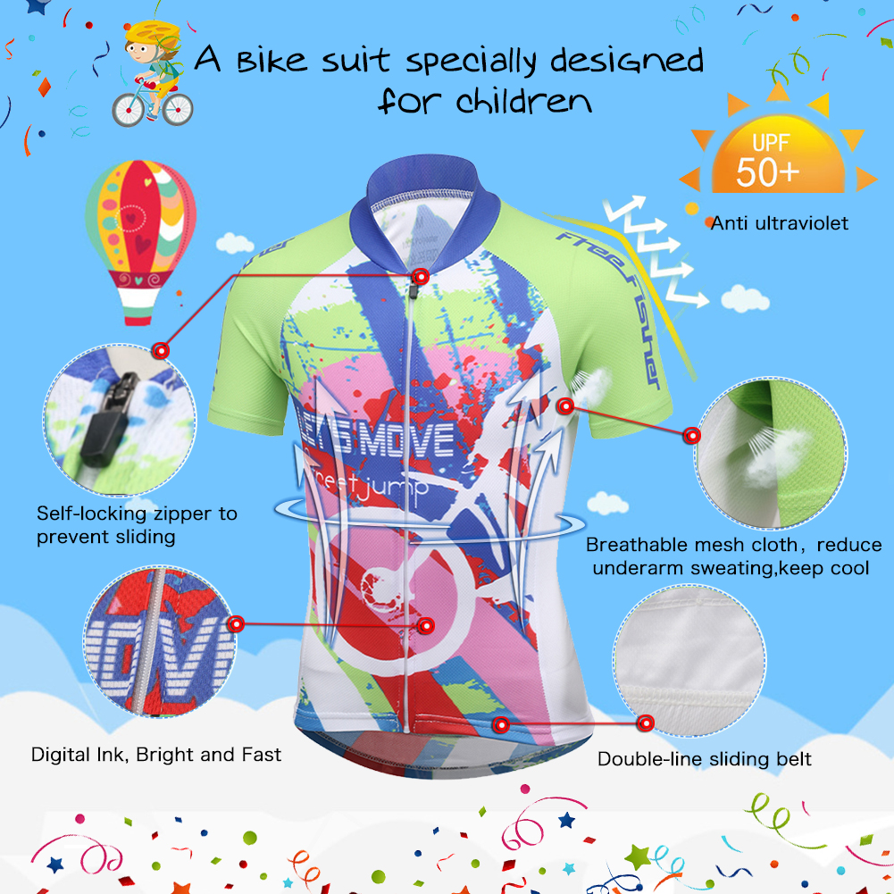 FREE FISHER Children's Cycling Wear Short Sleeve Mesh Cloth Breathable Boys Girls Bicycle Riding Tops with 3D Gel Cushion Shorts for Summer