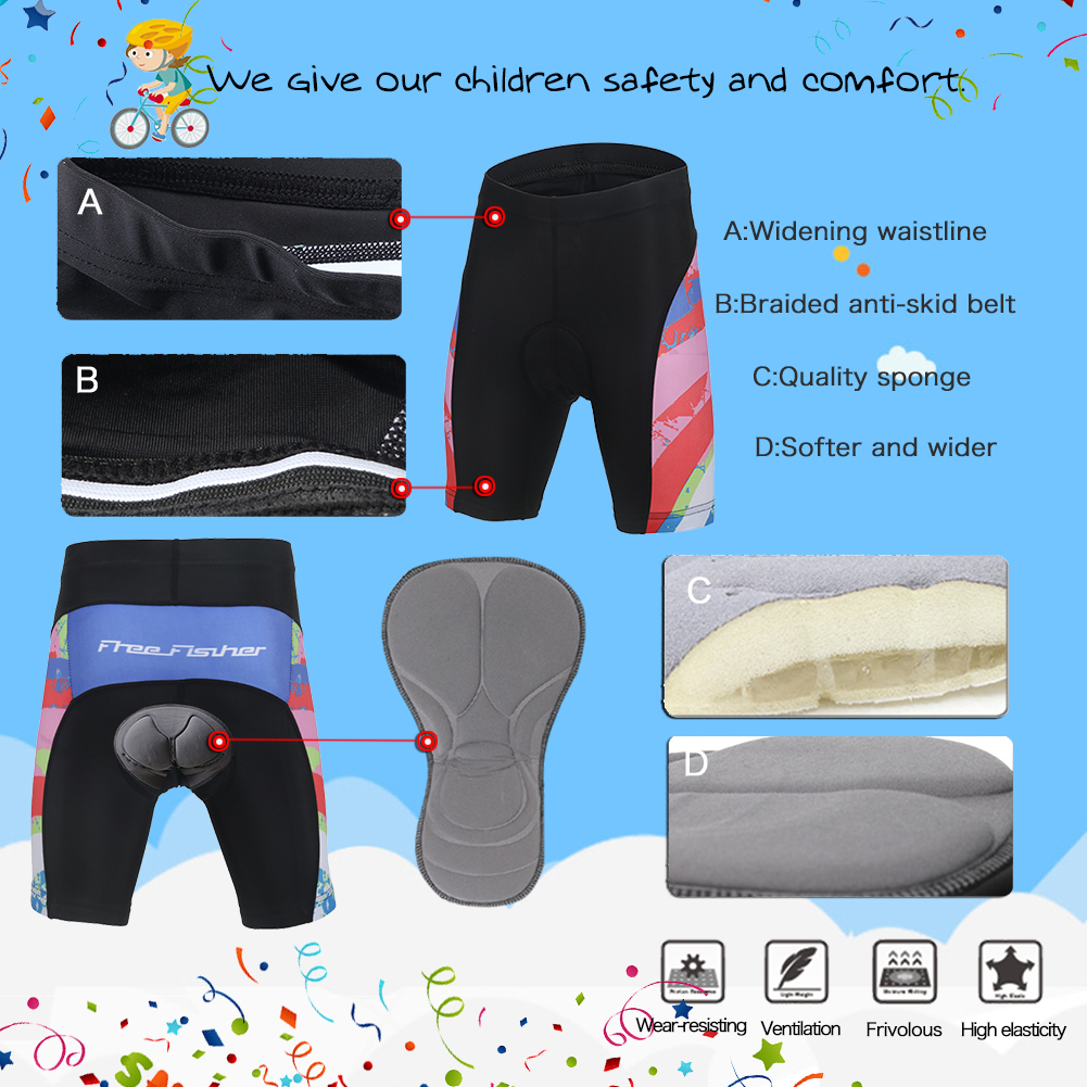 FREE FISHER Children's Cycling Wear Short Sleeve Mesh Cloth Breathable Boys Girls Bicycle Riding Tops with 3D Gel Cushion Shorts for Summer