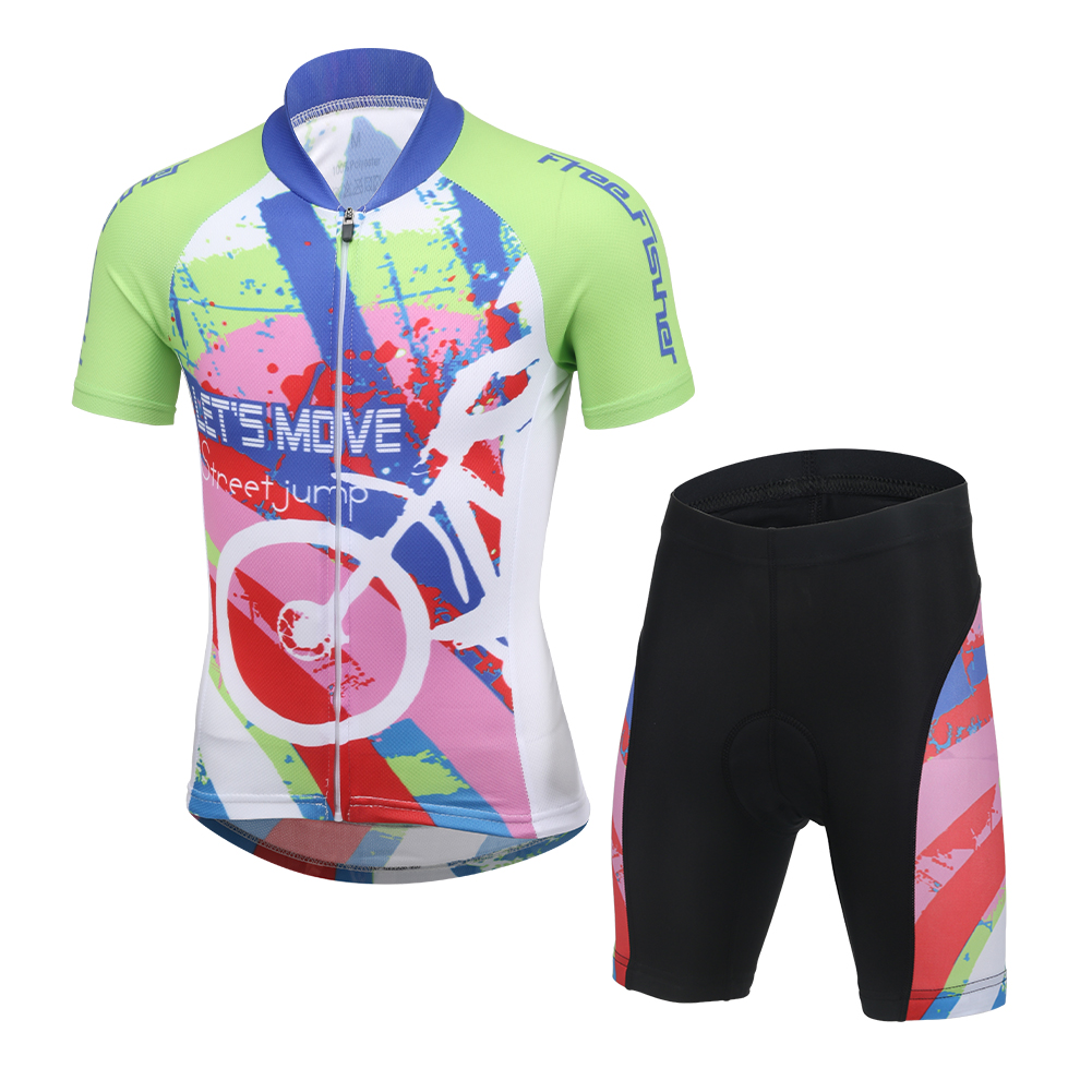 FREE FISHER Children's Cycling Wear Short Sleeve Mesh Cloth Breathable Boys Girls Bicycle Riding Tops with 3D Gel Cushion Shorts for Summer