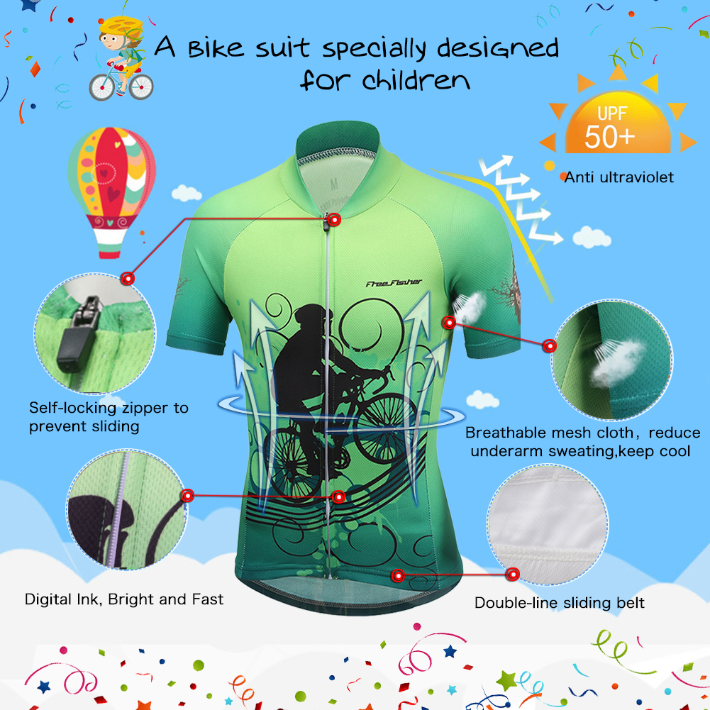 FREE FISHER Short Sleeve Children's Cycling Wear Mesh Cloth Breathable Boys Girls Bicycle Riding Tops with 3D Gel Cushion Shorts for Summer