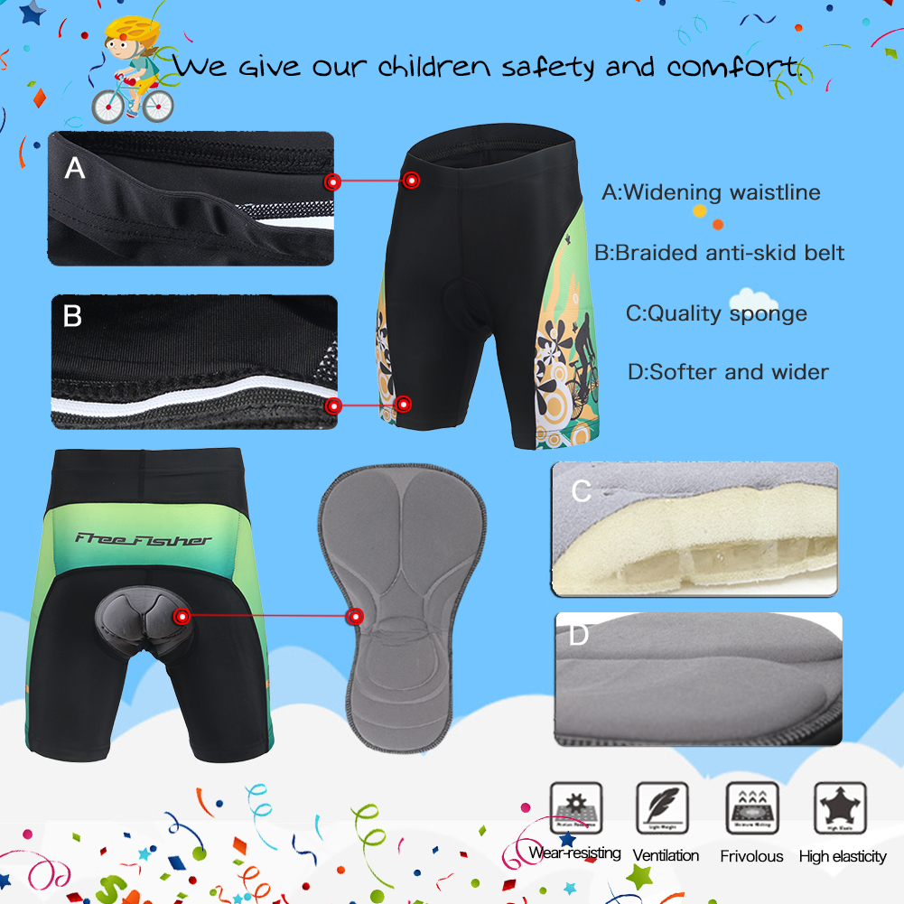 FREE FISHER Short Sleeve Children's Cycling Wear Mesh Cloth Breathable Boys Girls Bicycle Riding Tops with 3D Gel Cushion Shorts for Summer