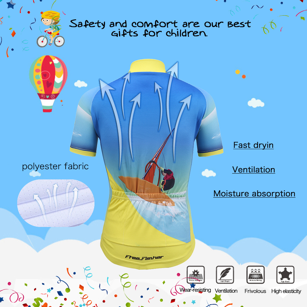 FREE FISHER Boys Girls Short Sleeve Cycling Wear Quick-Dry Stripes Bicycle Riding Tops with 3D Gel Cushion Shorts for Children