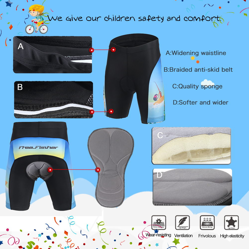 FREE FISHER Boys Girls Short Sleeve Cycling Wear Quick-Dry Stripes Bicycle Riding Tops with 3D Gel Cushion Shorts for Children