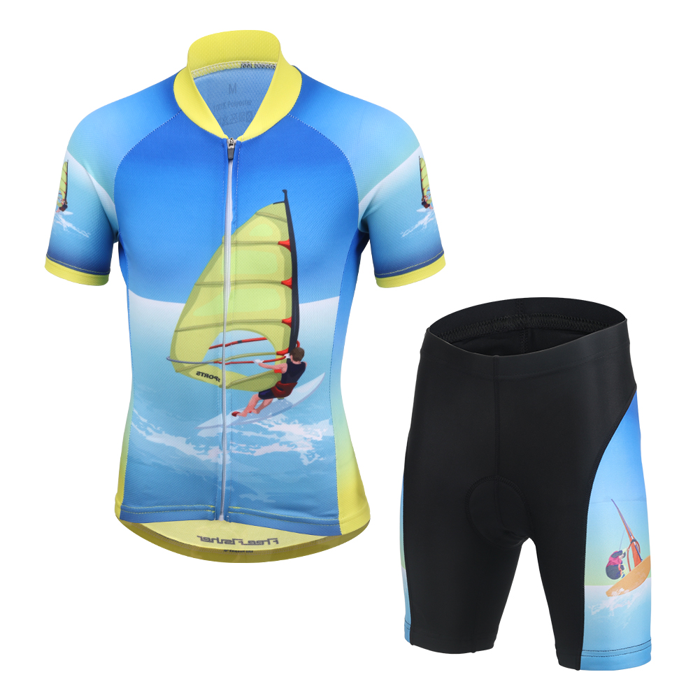 FREE FISHER Boys Girls Short Sleeve Cycling Wear Quick-Dry Stripes Bicycle Riding Tops with 3D Gel Cushion Shorts for Children