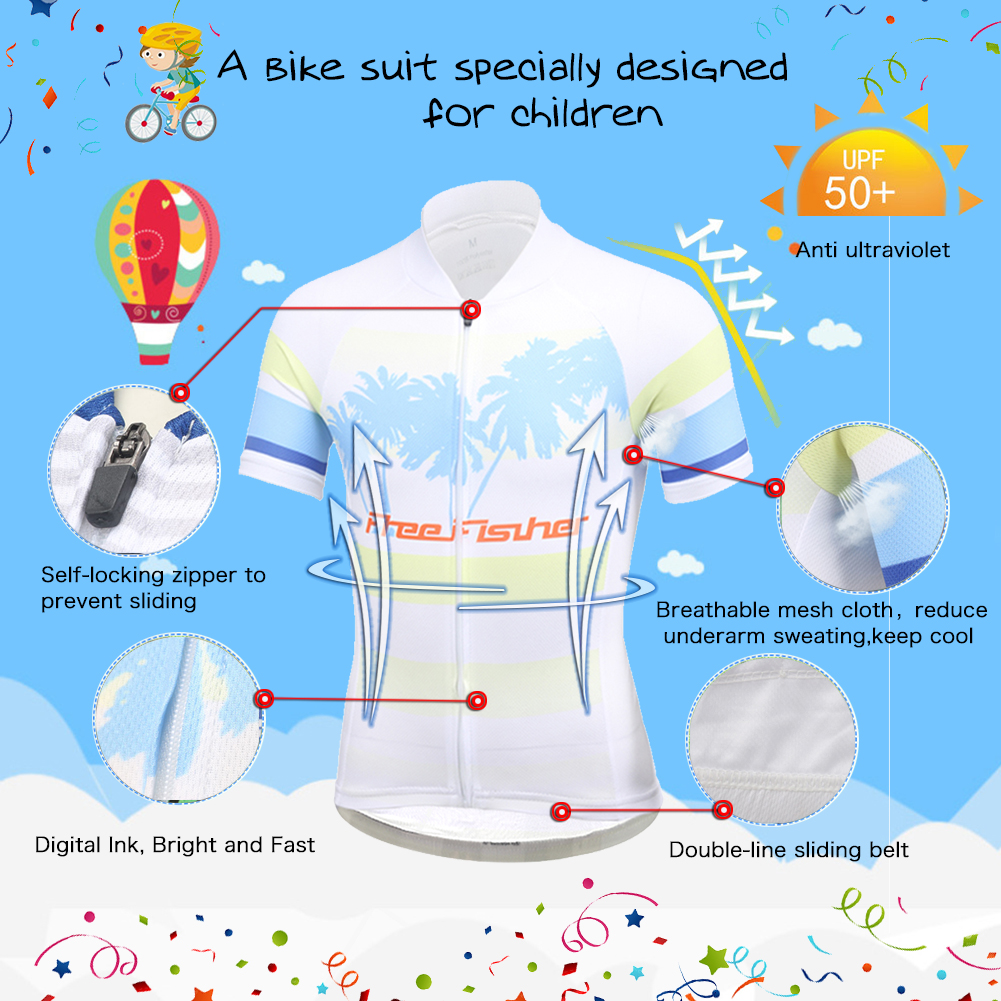 FREE FISHER Boys Short Sleeve Cycling Wear Girls Quick-Dry Coconut Print Bicycle Riding Tops with 3D Gel Cushion Shorts for Kids