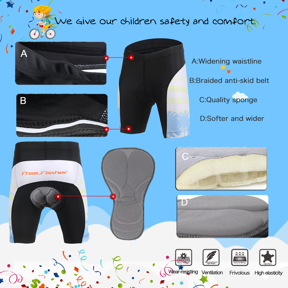 FREE FISHER Boys Short Sleeve Cycling Wear Girls Quick-Dry Coconut Print Bicycle Riding Tops with 3D Gel Cushion Shorts for Kids