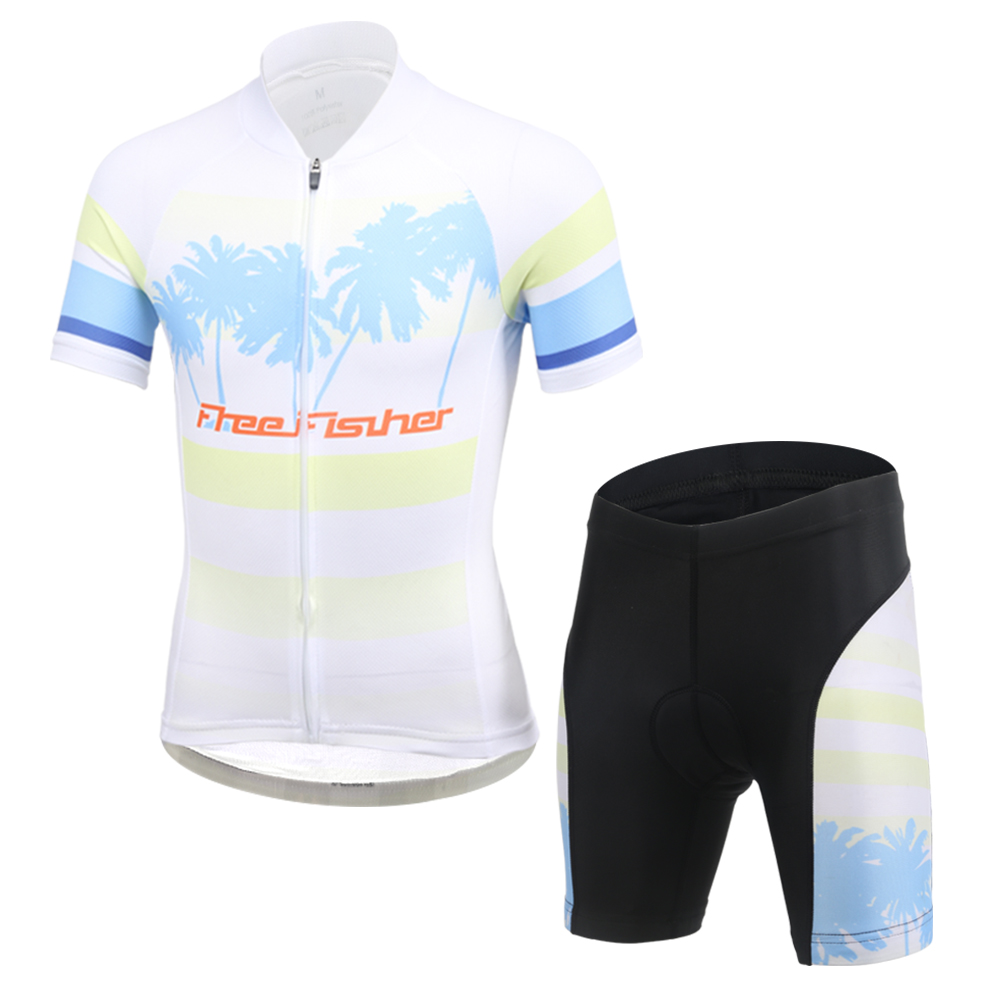 FREE FISHER Boys Short Sleeve Cycling Wear Girls Quick-Dry Coconut Print Bicycle Riding Tops with 3D Gel Cushion Shorts for Kids