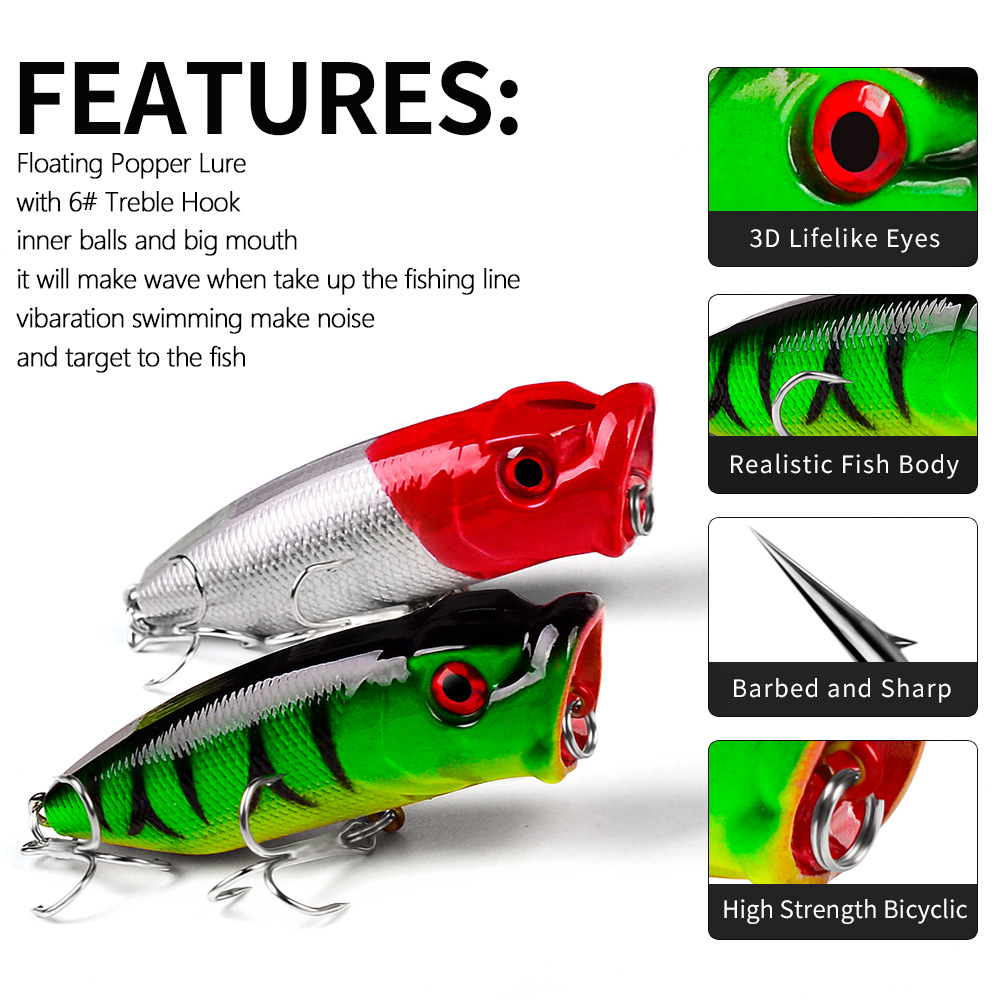 FREE FISHER Fishing Poppers 7.3cm 11g Hard Fishing Lures Topwater Colorfull Artificial Baits with 6# Hooks Noisy Floating Simulation Wobblers Lures
