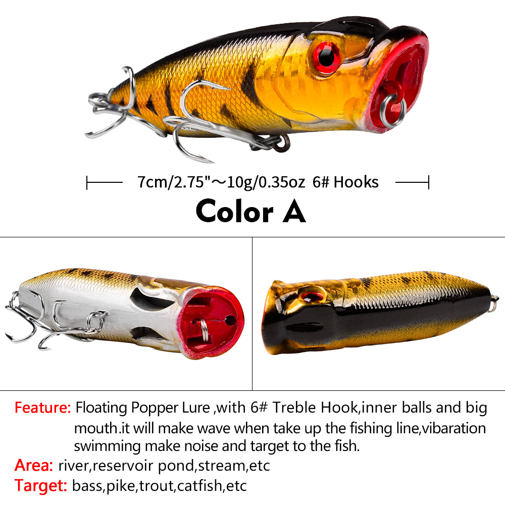 FREE FISHER Fishing Poppers 7.3cm 11g Hard Fishing Lures Topwater Colorfull Artificial Baits with 6# Hooks Noisy Floating Simulation Wobblers Lures