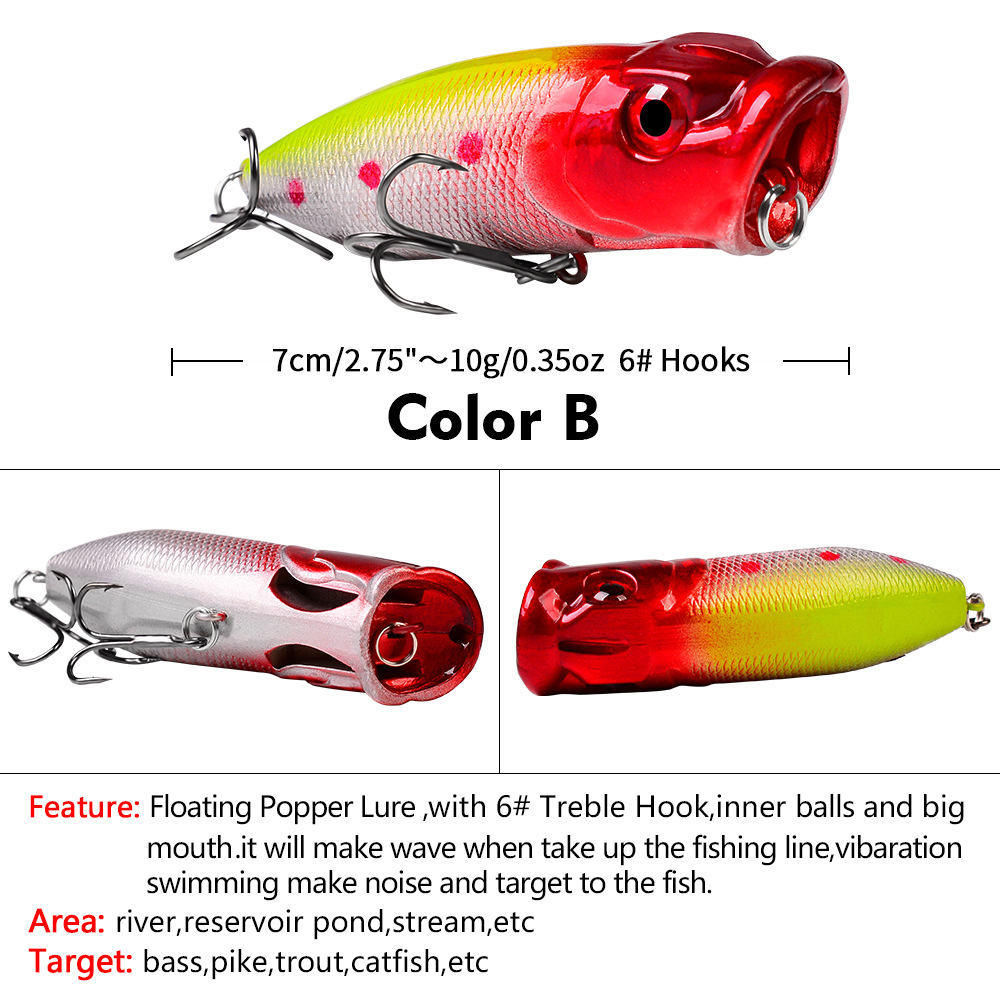 FREE FISHER Fishing Poppers 7.3cm 11g Hard Fishing Lures Topwater Colorfull Artificial Baits with 6# Hooks Noisy Floating Simulation Wobblers Lures