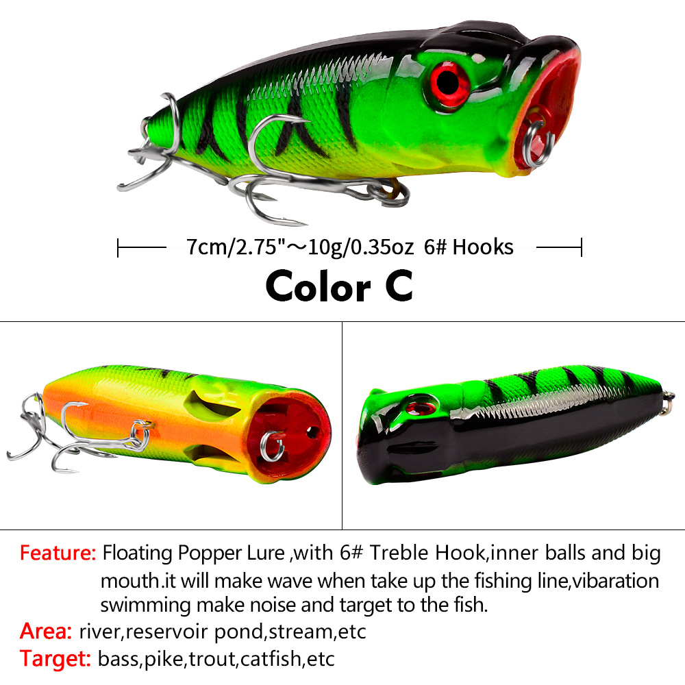 FREE FISHER Fishing Poppers 7.3cm 11g Hard Fishing Lures Topwater Colorfull Artificial Baits with 6# Hooks Noisy Floating Simulation Wobblers Lures