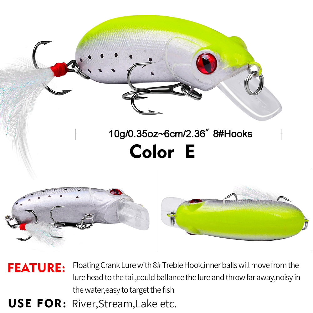 FREE FISHER 9pcs Fishing Crank Lure Mini Minnows 10g/62mm Fishing Hard Baits Floating Popper Artificial Bright Color with Feather Treble Hooks