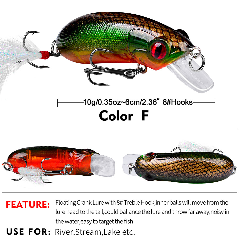 FREE FISHER 9pcs Fishing Crank Lure Mini Minnows 10g/62mm Fishing Hard Baits Floating Popper Artificial Bright Color with Feather Treble Hooks