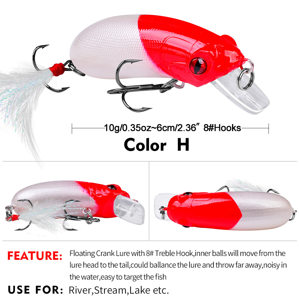 FREE FISHER 9pcs Fishing Crank Lure Mini Minnows 10g/62mm Fishing Hard Baits Floating Popper Artificial Bright Color with Feather Treble Hooks