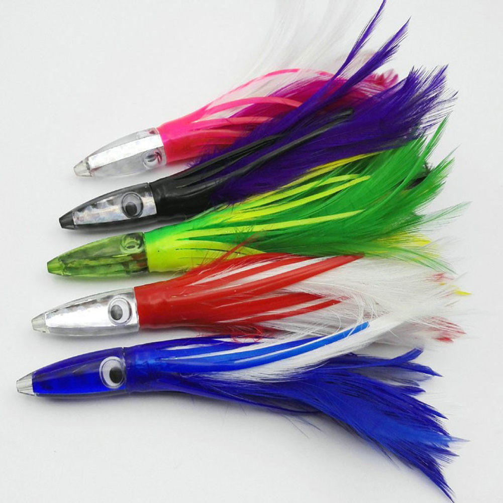 FREE FISHER 5pcs/Lot Sea Fishing Octopus Lure 14cm 32g Squid Jigs Big Game Bait Drag Fishing Bait Trolling Lures with Feather Skirt for Tuna