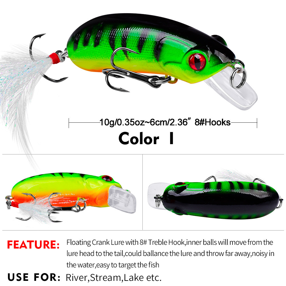FREE FISHER 9pcs Fishing Crank Lure Mini Minnows 10g/62mm Fishing Hard Baits Floating Popper Artificial Bright Color with Feather Treble Hooks