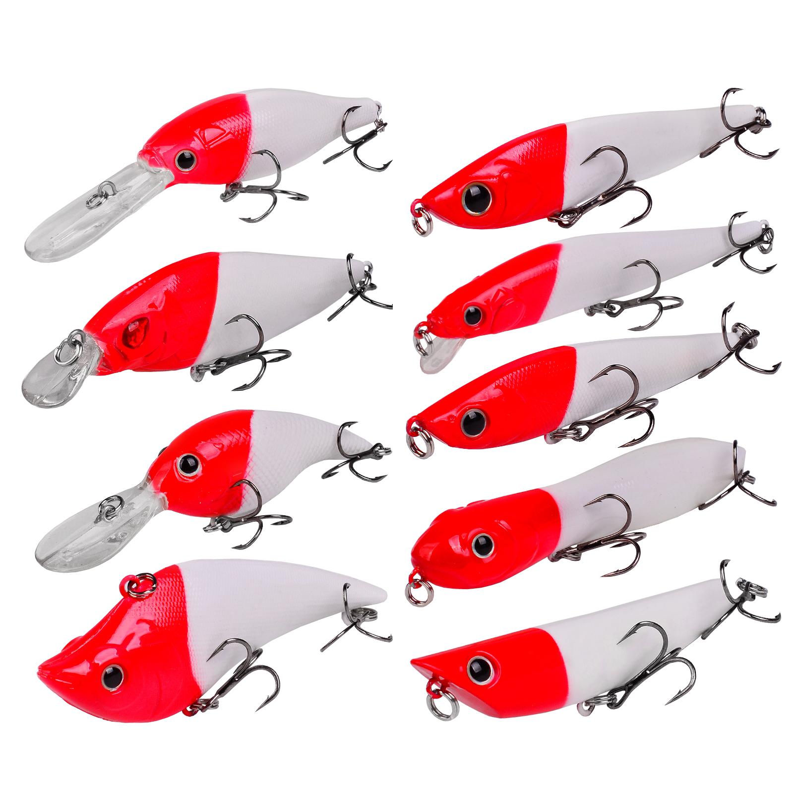 FREE FISHER 9pcs Bass Fishing Lures Kit Red Head Mixed Hard Baits Minnow Crankbait Pencil VIB Bass Pike Swimbait for Saltwater/Freshwater 